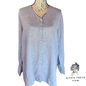 FLAX Collarless Button Down Light Blue Linen Tunic Shirt Size M